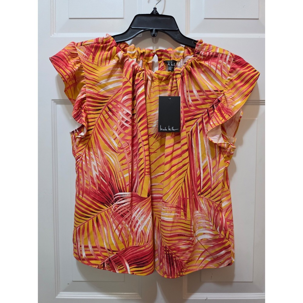 NWT Nicole Miller Tropical Palm Print Blouse Ruffle Flutter Sleeve Pink Orange S
